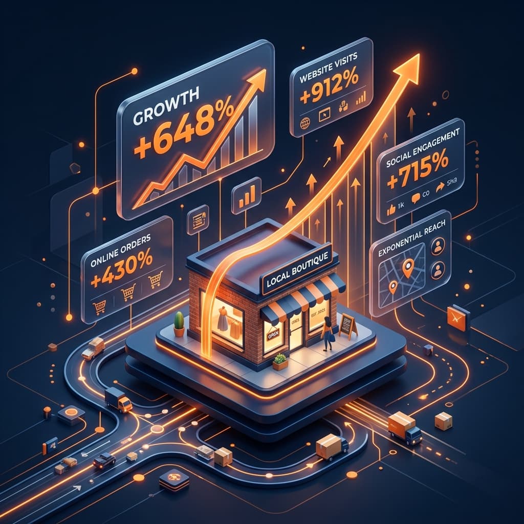 오프라인 매장의 폭발적인 온라인 성장과 스케일업을 상징하는 3D 비주얼