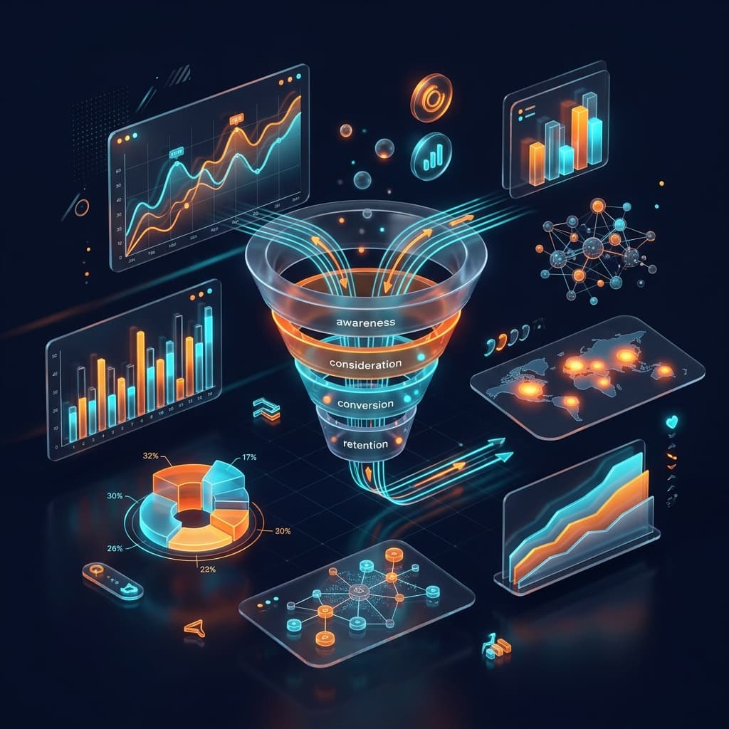 매출 데이터 대시보드와 고객 유입 퍼널 3D 아이소메트릭 비주얼