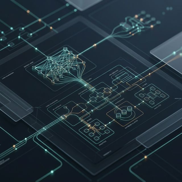 유기적으로 연결된 시스템과 아키텍처를 상징하는 3D 다이어그램